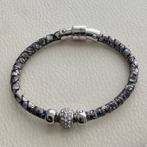 HENRI BENDEL Gray Silver Snake Textured Leather Bracelet Silver Bead Magnetic